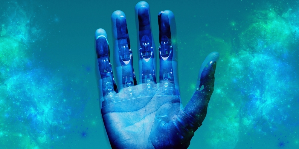 Robot hand on space background