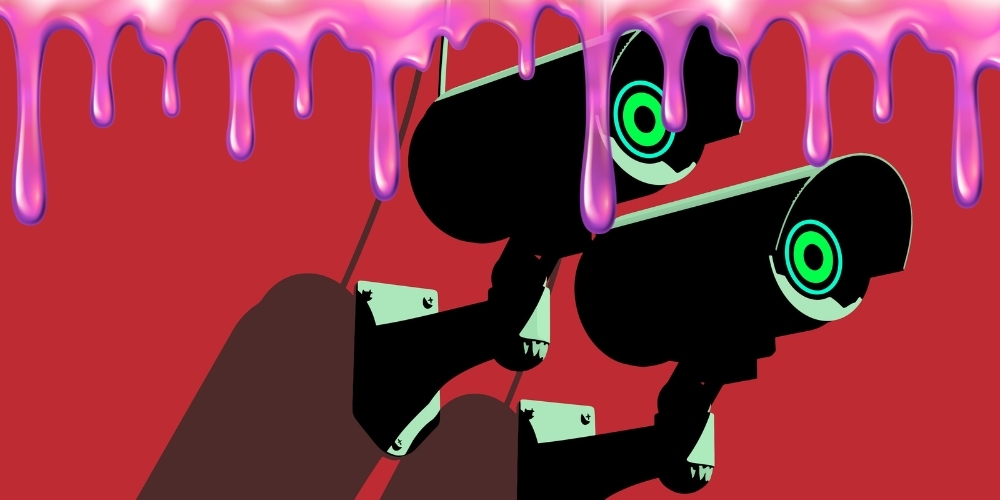 Two security cameras under pink drips